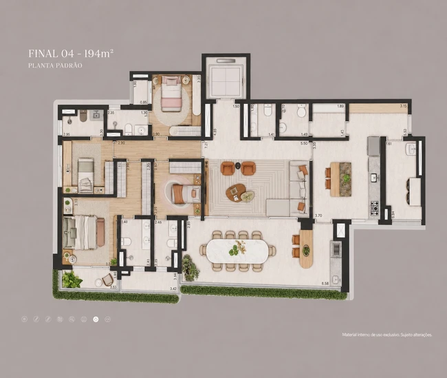 Planta Torre Residencial — 194 m², 3 ou 4 suítes