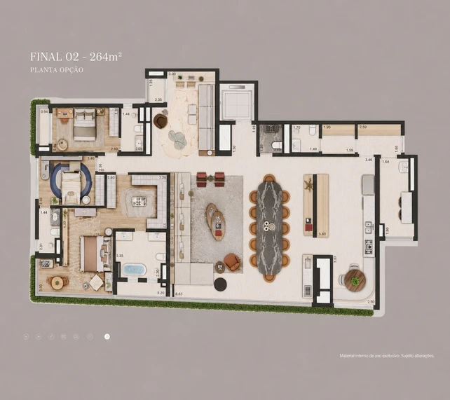 Planta Torre Residencial — 264 m², 3 ou 4 suítes