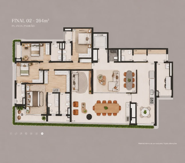 Planta Torre Residencial — 264 m², 3 ou 4 suítes